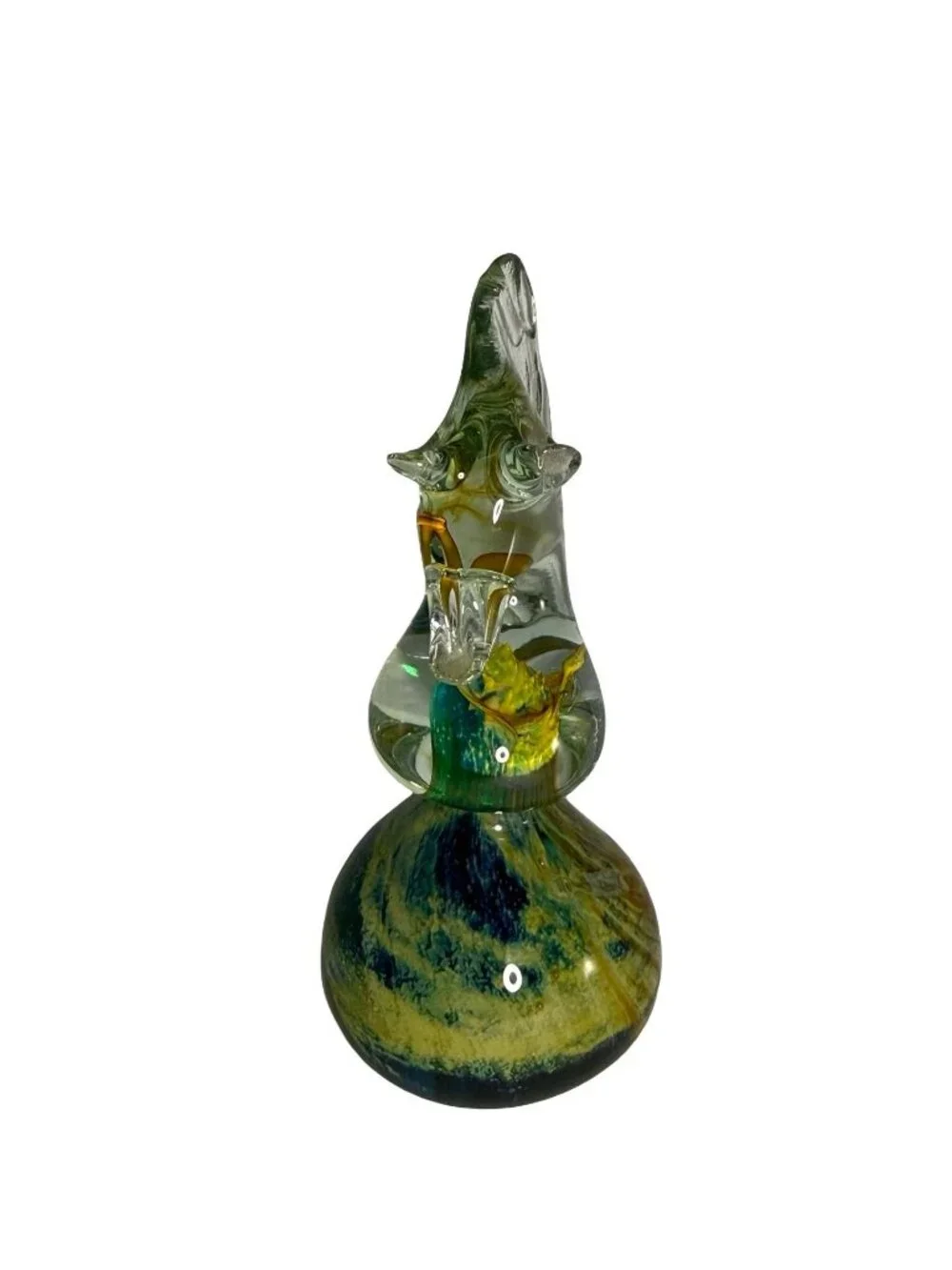 Art Glass SeaHorse Sculpture With Yellow & Blue Swirl Signed Mdina